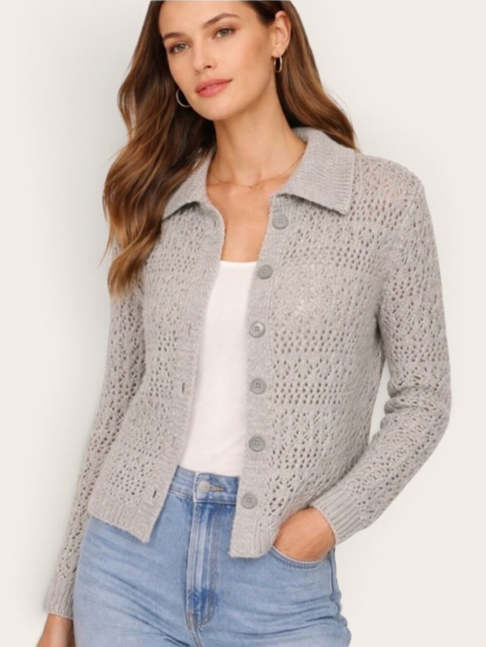 Joie Cardigan Button Up Collared Sweater Light Gray Open Knit Soft Cozy MD